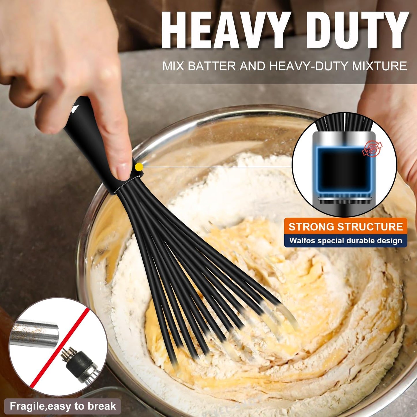 Walfos Silicone Whisk,11 Inch Silicone Whisks for Cooking Non Scratch,BPA Free Kitchen Whisk Heat Resistant (480°F) Perfect for Blending,Whisking,Beating,Mixing.Dishwasher Safe (Black）