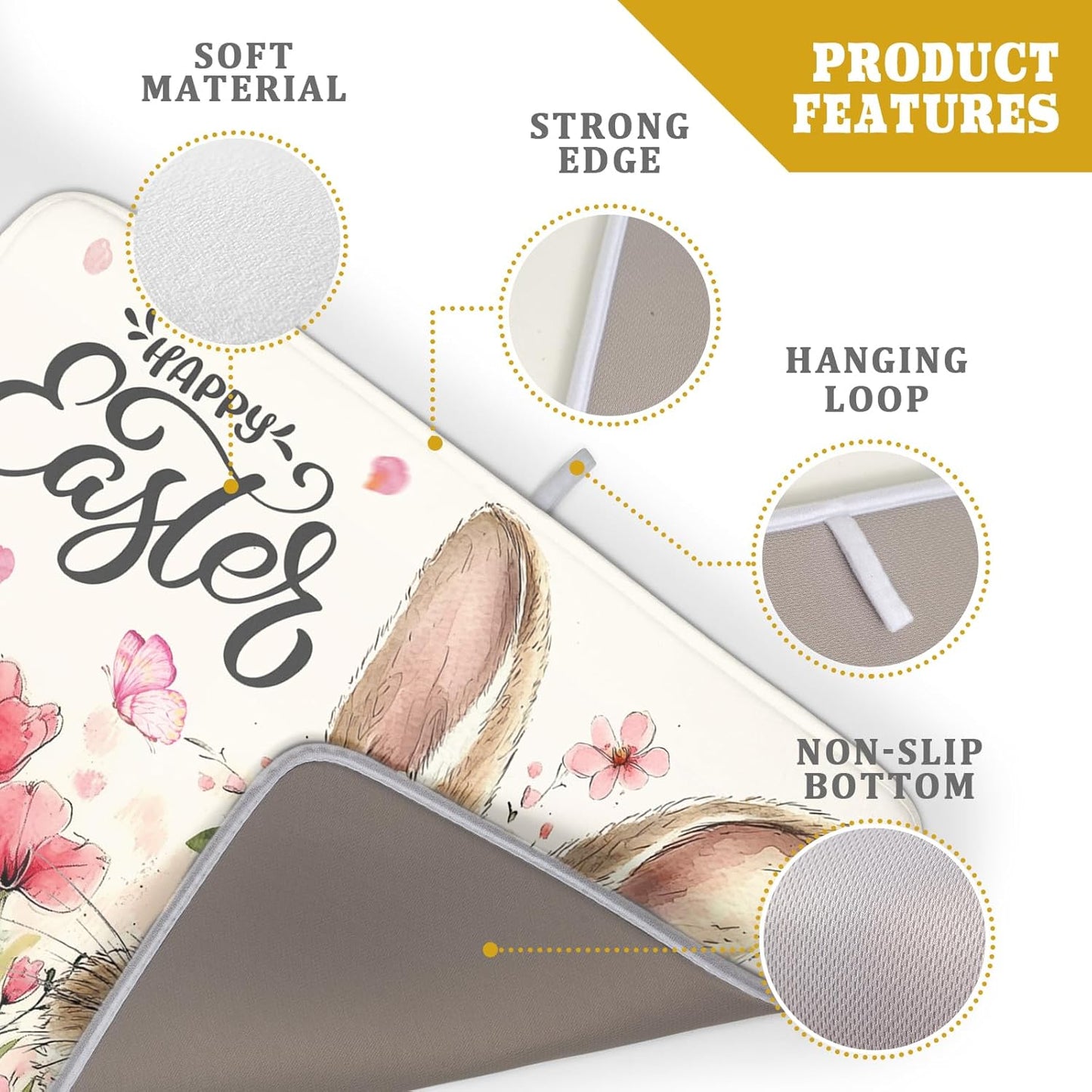 Happy Easter Dish Drying Mat 18x24 Inch,Cute Bunny Pink Flowers Festival Holiday Absorbent Microfiber Dishes Drainer Rack Pad for Kitchen Counter Sink Coffee Maker Bar Table Decor