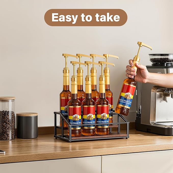 Coffee Syrup Organizer Rack, Liquor Bottle Display Shelf, 2 Tier 8 Syrup Bottles Holder Stand for Coffee Bar Kitchen Small Wine Rack for Family Storage for Syrup Wine Dressing