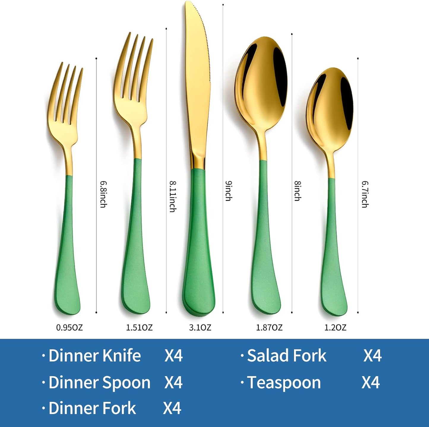 20-Piece Green & Gold Silverware Set, 18/0 Stainless Steel Colorful Handle Flatware Set,Service for 4,Modern Cutlery Set Includes Dinner Knives Forks Spoons,Mirror Polished,Dishwasher Safe