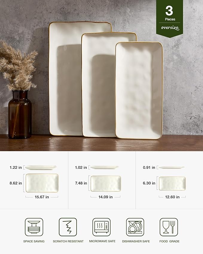 famiware Serving Platter, Rectangular 15.67/14.1/12.6inch Serving Dishes for Entertaining, Microwave Dishwasher Safe, Stoneware Serving Trays for Party, Turkey, Cheese, Ocean Series, Vanilla White