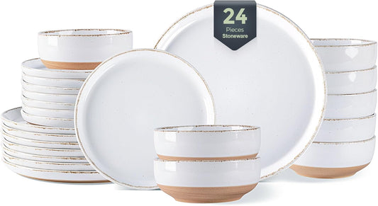 AmorArc 24 Pieces Ceramic Dinnerware Sets for 8, Handpainted Stoneware Plates and Bowls Set with Rustic Terracotta Underside, Scratch Resistant Dishes Set, Dishwasher & Microwave Safe, White