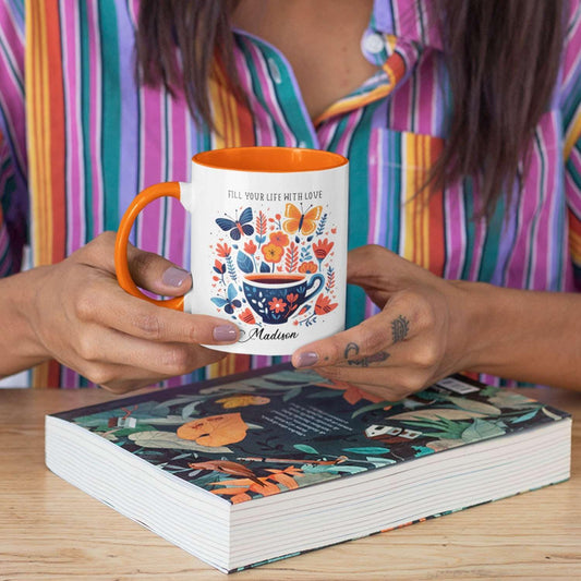 Great Personalized Name On Fill Your Life With Love Travel Mug, Customized White Ceramic Animal Cup Gift For Friends, Custom Butterfly Coffee Mug On Special Occasions 11oz 15oz