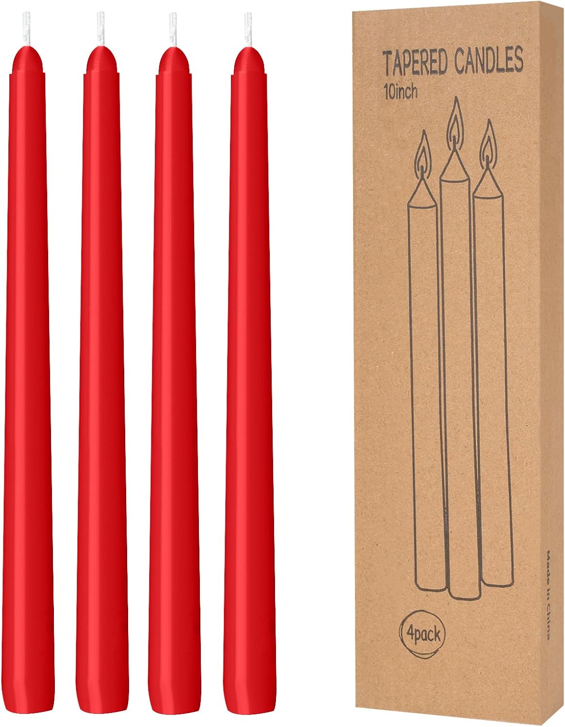 4 Pack Red Taper Candles - Taper Candles 10 Inch Dripless, Smokeless & Unscented - 8 Hours Long Burning - Hand Poured Tall Candlesticks - Ideal for Weddings, Dinner Parties, and Home Decor