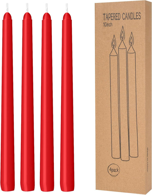 4 Pack Red Taper Candles - Taper Candles 10 Inch Dripless, Smokeless & Unscented - 8 Hours Long Burning - Hand Poured Tall Candlesticks - Ideal for Weddings, Dinner Parties, and Home Decor