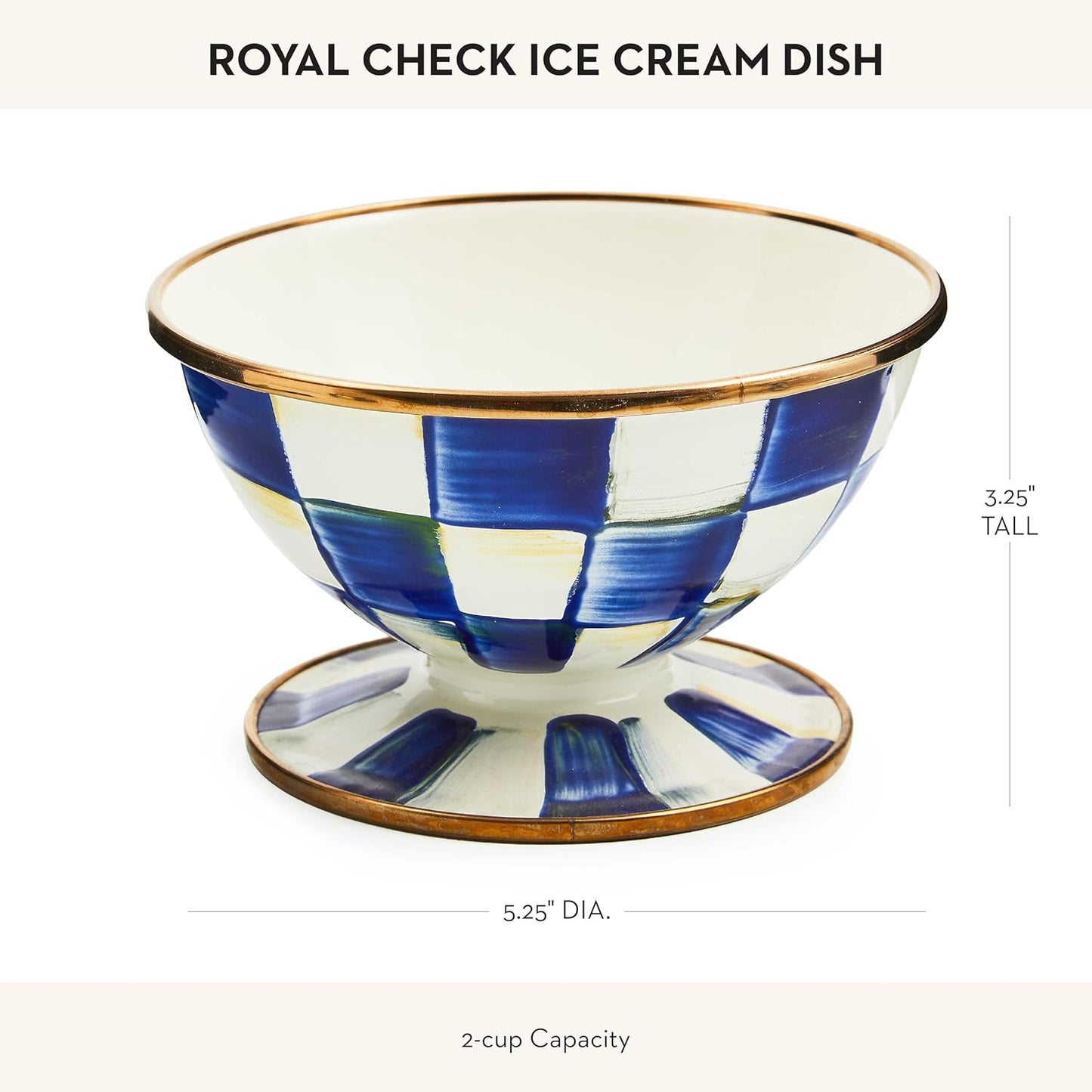 MACKENZIE-CHILDS Enamel Ice Cream Bowl, Serving Bowls for Entertaining, 2-Cup Capacity, Blue-and-White Royal Check