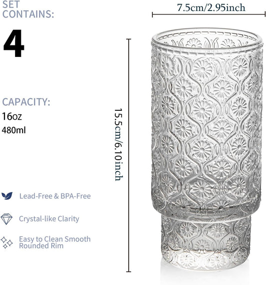 Drinking Glasses Set of 4, 16oz Textured Flower Design Cocktail Glasses, Stackable Old Fashioned Glass Cups, Vintage Glassware for a baby Shower Wedding for Kitchen and Bar - Dishwasher Clear