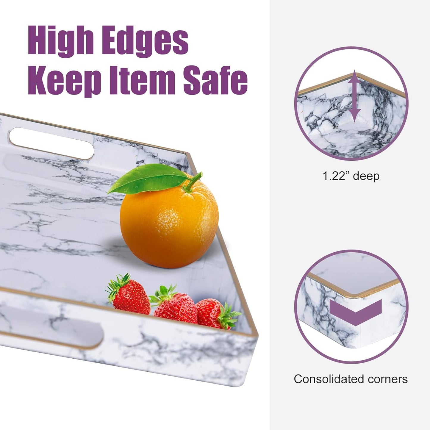 Gifturbo White Serving Tray, Marble Serving Trays with Handles,Rectangular Coffee Table Ottoman Tray Decorative Plastic Tray with Gold Rim for Living Room, Bathroom,Decor,15.7 x 10.2 x1.37 inches