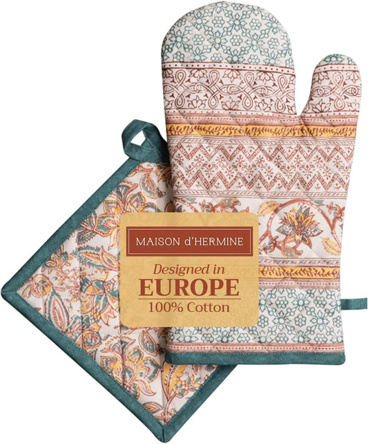 Maison d' Hermine 100% Cotton Oven Mitt & Pot Holder Set (7.5"x13" & 8"x8") Heat Resistant BBQ Cooking Gloves with Loop for Thanksgiving Christmas Decorations Handling Hot Pans (Nila)