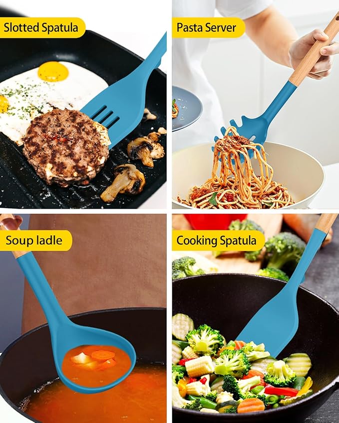 Silicone Kitchen Utensil Set for Non Stick Cookware, 7 Pcs Heat Resistant Cooking Utensils with Wooden Handle, BPA Free Kitchen Tools with Spatulas, Spoons, Skimmer and Pasta Fork (BLUE)