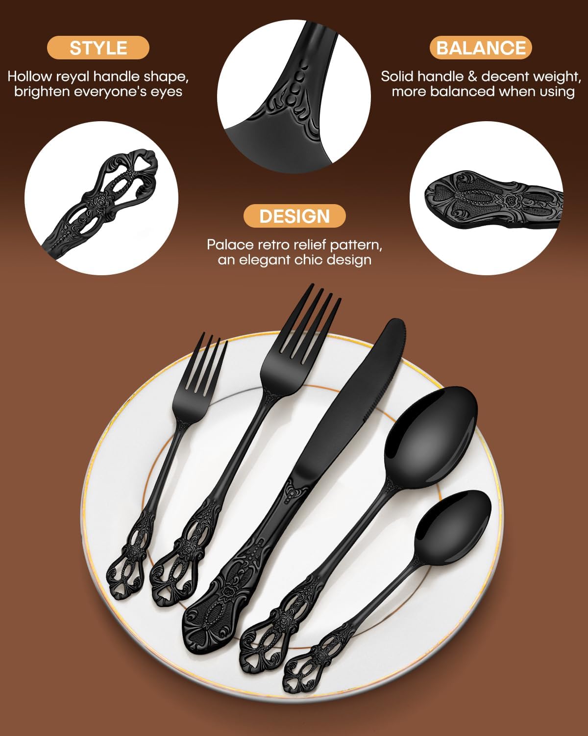 EUIRIO 48 Pieces Royal Black Silverware Set for 8, Retro Gorgeous Flatware Set with Steak Knives, Premium Stainless Steel Vintage Cutlery Set with Forks Spoons and Knives, Dishwasher Safe