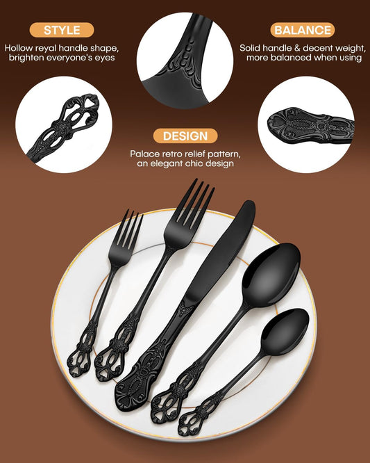 EUIRIO 48 Pieces Royal Black Silverware Set for 8, Retro Gorgeous Flatware Set with Steak Knives, Premium Stainless Steel Vintage Cutlery Set with Forks Spoons and Knives, Dishwasher Safe