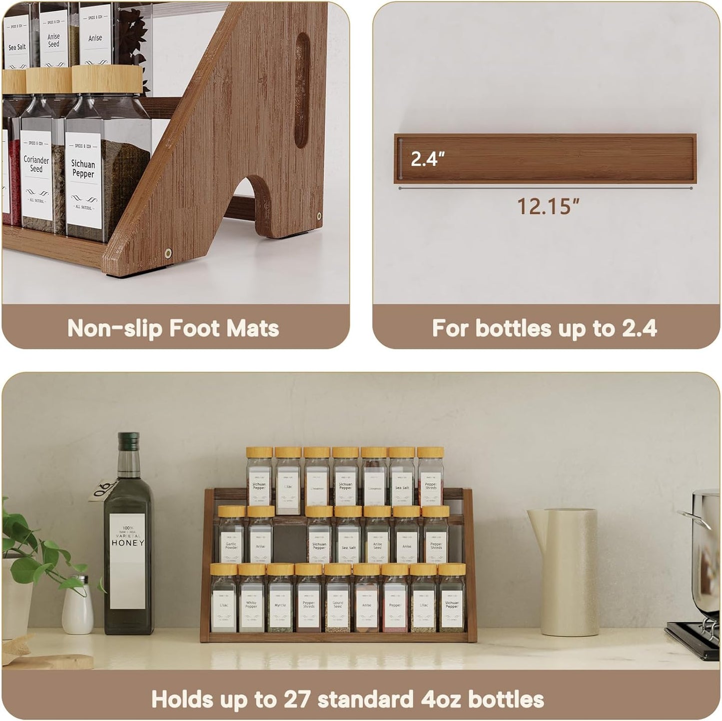 Bamboo Spice Rack Organizer -3-Tier Spice Rack for Countertop,Cabinet Spice Rack Organizer for 27 Spice Jars(4oz)，Step Shelf (Walnut)