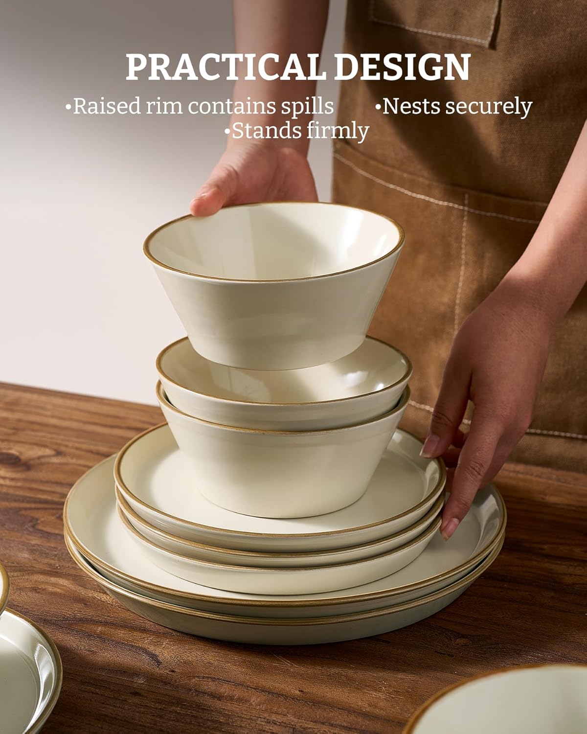 Famiware Saturn Dinnerware Sets, Plates and Bowls Sets for 4, 12 Pieces Stoneware Dish Set - Chip and Scratch Resistant, Microwave and Dishwasher Safe Tableware Set, Vanilla White with Rim