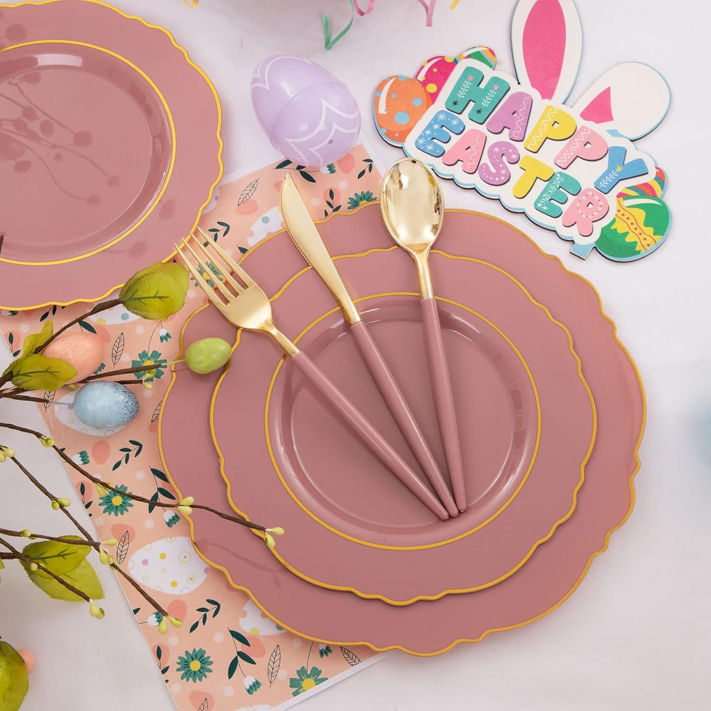 Nervure 100Pcs Mauve Pink Plastic Plates - Mauve and Gold Plastic Dinnerware Sets for 20 Guests - 20 Dinner Plates, 20 Dessert Plates, 20 Forks, 20 Knives and 20 Spoons for Wedding & Party