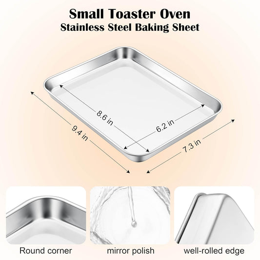 E-far Mini Toaster Oven Tray, 9.4”x7.3” Stainless Steel Baking Cookie Sheet, Small Non-toxic Metal Baking Pan for Cake, Rust Free & Warp Free, Mirror Finish & Dishwasher Safe, 1 Pack