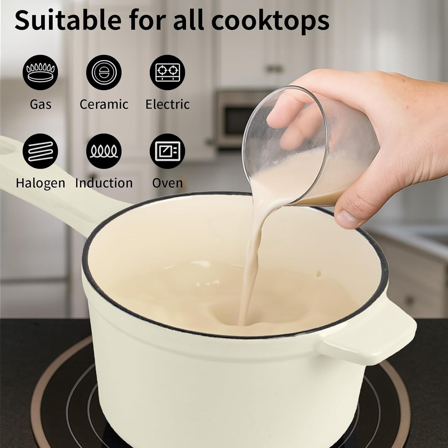 Enameled Cast Iron Sauce Pan with Lid, 1.7 Quart Saucepan with Lid, Small Dutch Oven Pot, Suitable for Small Portions of Soup, Sauces, Oatmeal, White