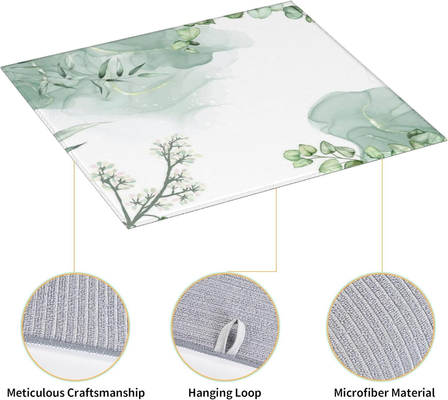 Watercolor Green Leaf Floral Dish Drying Mat for Kitchen Counter, 16"x18" Microfiber Absorbent Fast Dry Mat, 2Pcs Dish Mat Faucet Mats Sets, Large Drying Kitchen Mat Kitchen Drying Pad