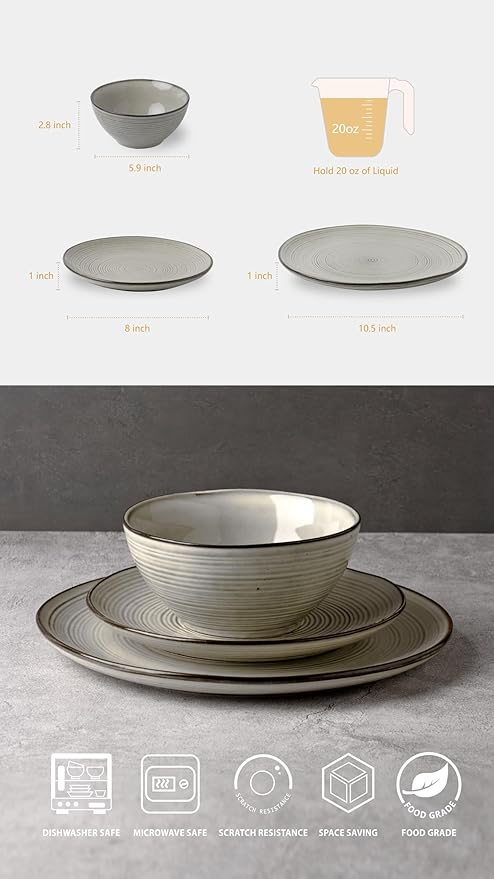 famiware Tempus Plates and Bowls Sets for 6, 18 Pieces Stoneware Dinnerware Sets, Dishes Set, Reactive Glaze Dishware Sets, Dishwasher & Microwave Safe - Castle Wall