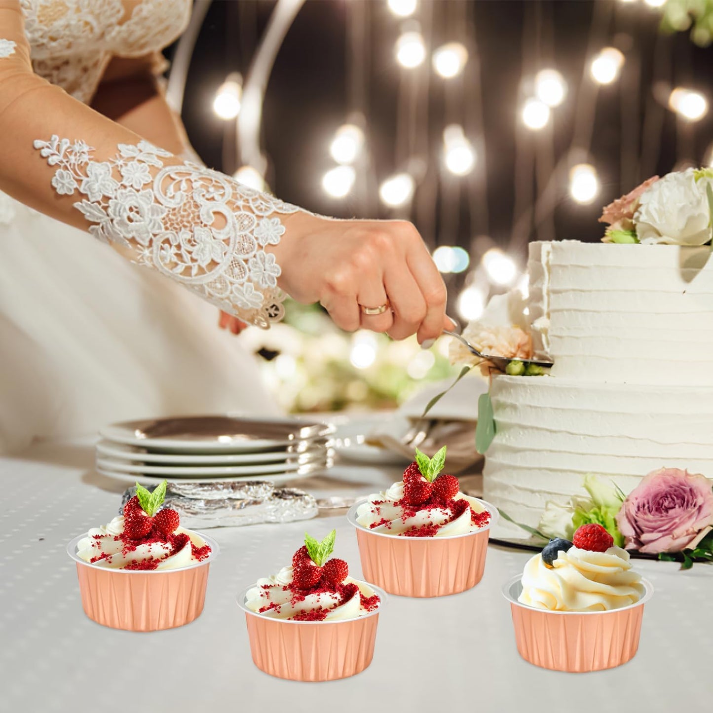 Jumbo 5oz Aluminum Foil Cupcake Liners with Lids 50 Pack,Free-Air Disposable Ramekins Muffin Tin,Mini Cake Baking Pans Muffin Cups,Mini Cupcake Pans Holders -Champagne