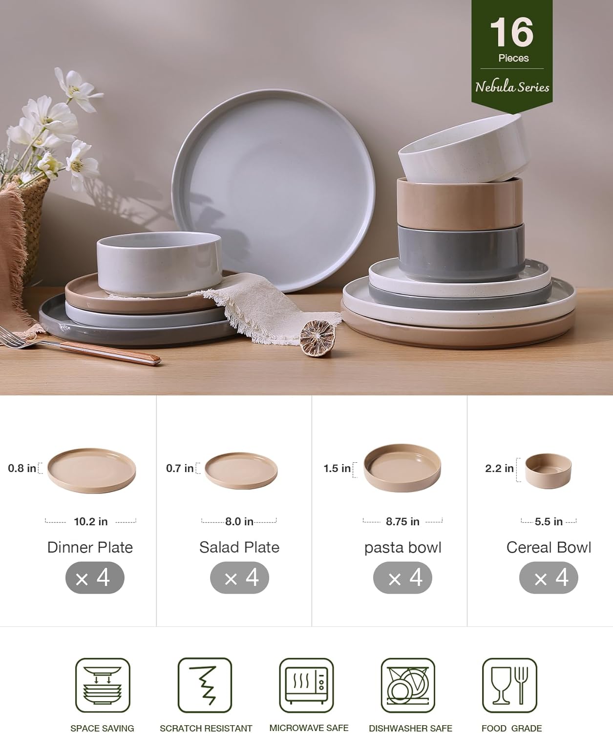 Famiware Nebula Dinnerware Set with Pasta Bowls, Service for 4 (16pcs), Fine Stoneware Plates and Bowls Sets, Microwave and Dishwasher Safe Dishes Set, Multi-color