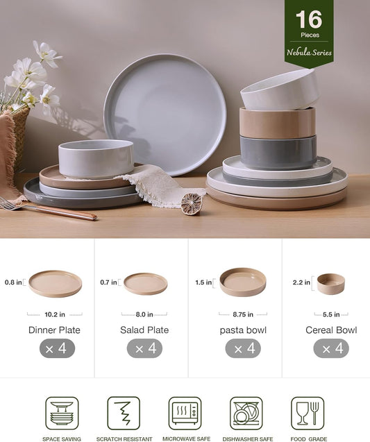 Famiware Nebula Dinnerware Set with Pasta Bowls, Service for 4 (16pcs), Fine Stoneware Plates and Bowls Sets, Microwave and Dishwasher Safe Dishes Set, Multi-color
