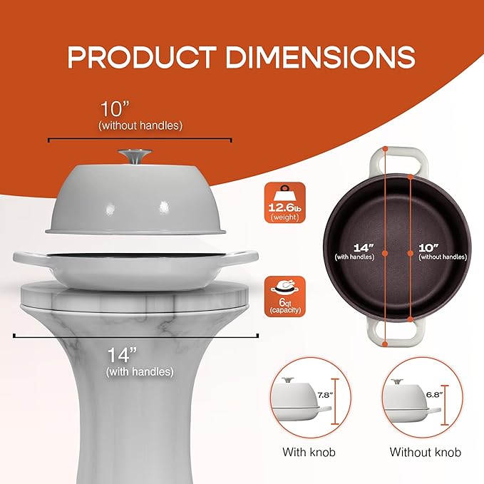 Enameled Cast Iron Dutch Oven for Sourdough Bread Baking | 6 Quart Pot with Lid | 10 Inch Ceramic Enamel Thick Coated Cookware Set with Non Stick Silicone Baking Mat for Cooking | 6 Qt | White