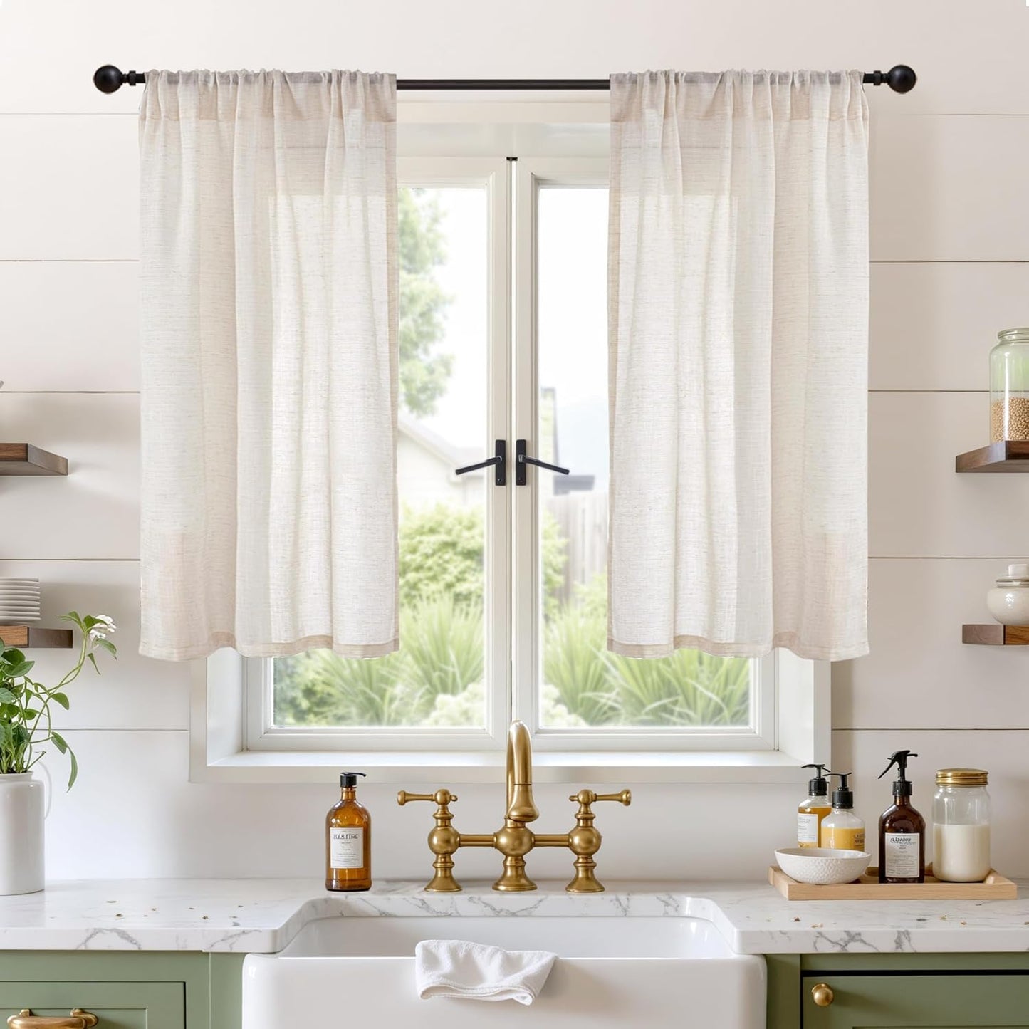 BGment Linen Curtains 45 Inch Length for Short Window - Oatmeal Rod Pocket Small Drapes Light Filtering for Cafe Bedroom Decorative Lightweight Natural Rustic, 2 Panels Set, 30 X 45 Inch