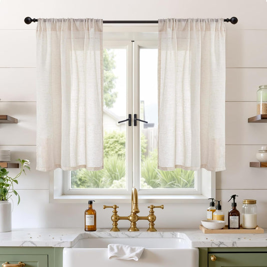 BGment Linen Curtains 45 Inch Length for Short Window - Oatmeal Rod Pocket Small Drapes Light Filtering for Cafe Bedroom Decorative Lightweight Natural Rustic, 2 Panels Set, 30 X 45 Inch