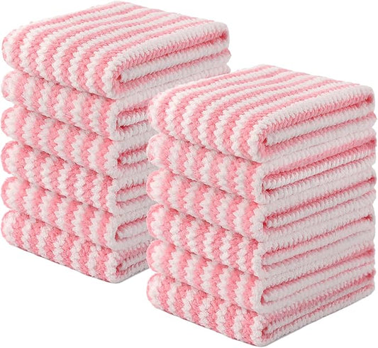 Homaxy Kitchen Towels(12 Pack, 10 x 20 inches), Ultra Soft and Absorbent Dish Towels, Reusable Fast Drying Microfiber Cleaning Cloth, Coral Velvet Wave Design No-lint, Pink