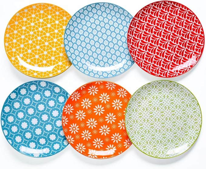 AntoKueh Porcelain Dinner Plates Set of 6, 8 Inch Ceramic Plates - Vintage Colorful Design for Salad, Pasta, Steak - Scratch, Chip Resistant, Dishwasher & Microwave Safe
