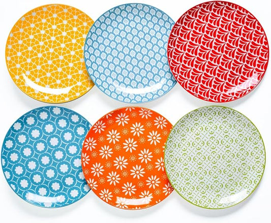AntoKueh Porcelain Dinner Plates Set of 6, 8 Inch Ceramic Plates - Vintage Colorful Design for Salad, Pasta, Steak - Scratch, Chip Resistant, Dishwasher & Microwave Safe