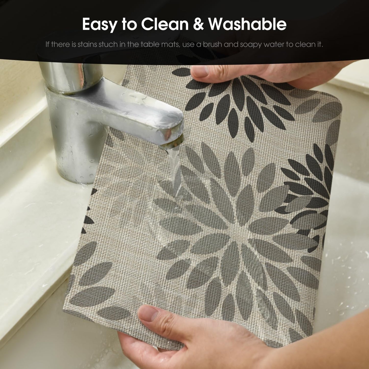 Artoid Mode Floral Vinyl Placemats Set of 6, Heat Resistant Washable Non-Slip Plistic PVC Place Mats for Halloween Party Kitchen Dining Decor, Gray