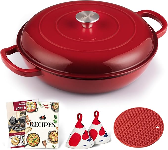 Overmont Enameled Cast Iron Dutch Oven - 3.8 Quart Dutch Oven Pot with Lid - Shallow Cookware Braising Pan - Cast iron Casserole with Cookbook & Heat-resistant Caps - Oven Safe up to 500° F