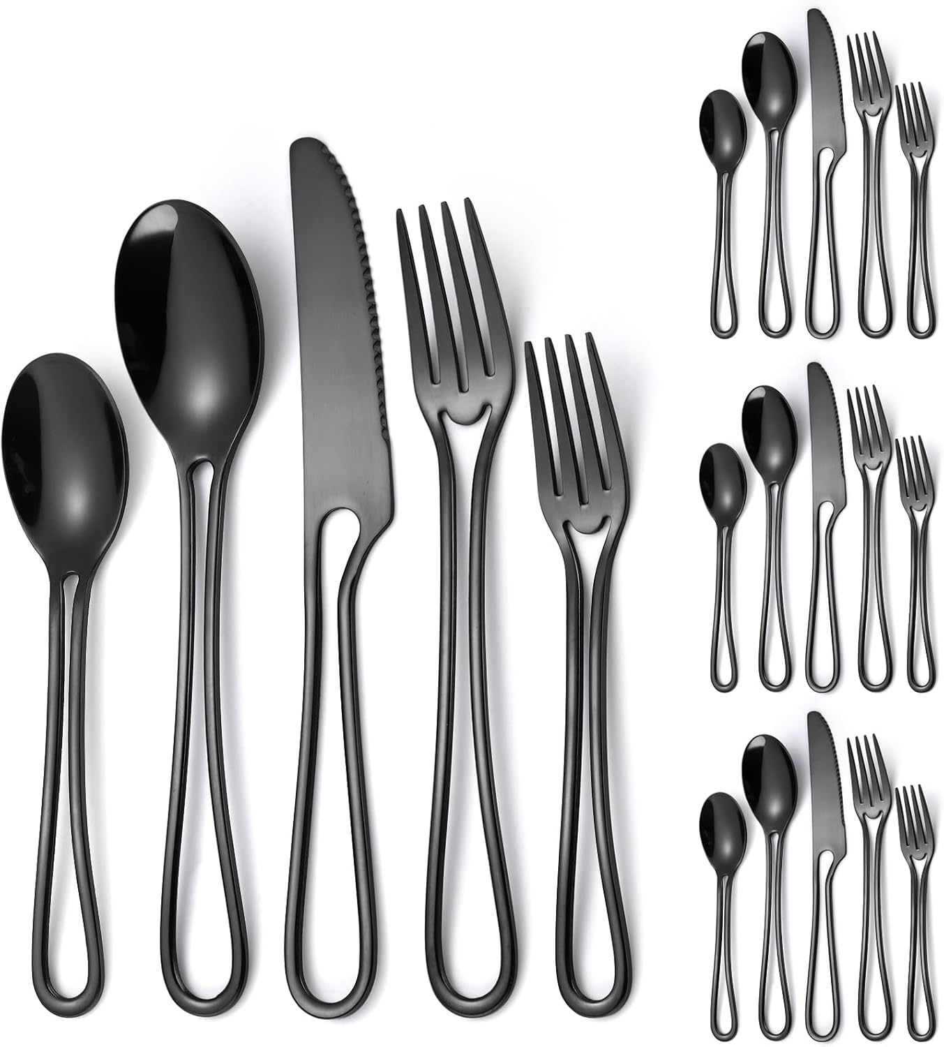 Black Silverware Hollow Flatware Set for 4 Stainless Steel Cutlery 20 Piece Hanging Forks Spoons and Knives Unique Eating Utensils for Home Restaurant Parties