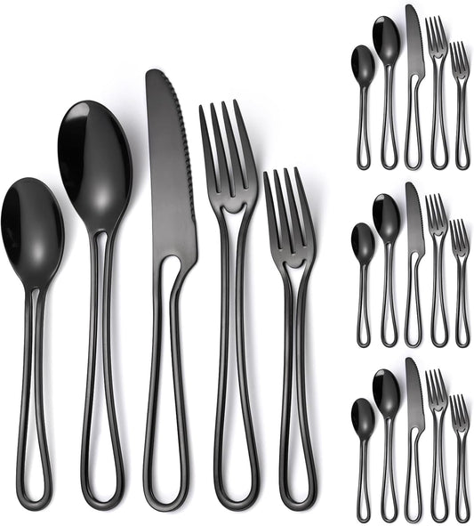 Black Silverware Hollow Flatware Set for 4 Stainless Steel Cutlery 20 Piece Hanging Forks Spoons and Knives Unique Eating Utensils for Home Restaurant Parties