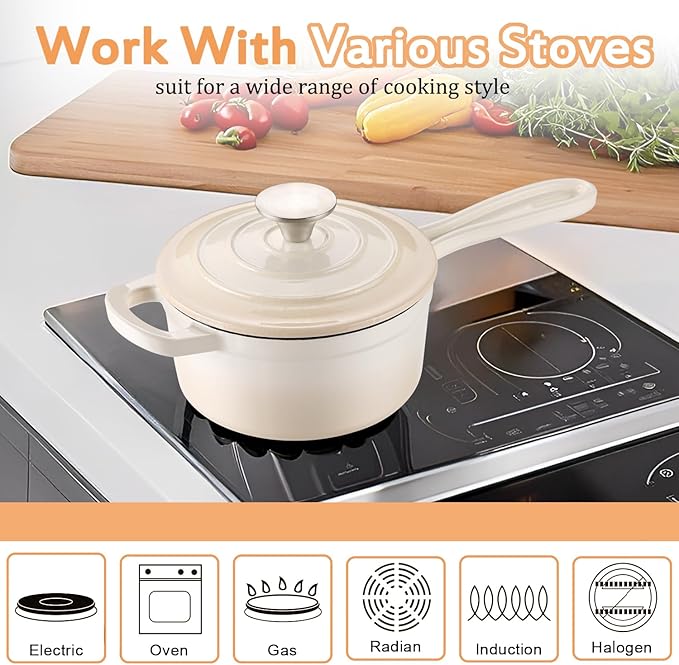 Enameled Cast Iron Sauce Pan, 1 Quart Enameled Saucepan with Lid, Mini Dutch Oven Enamel Saucepan for Cooking Pasta Sauce, Gravy, Puddings, Marinate, Boiling (Gradient Caramel)