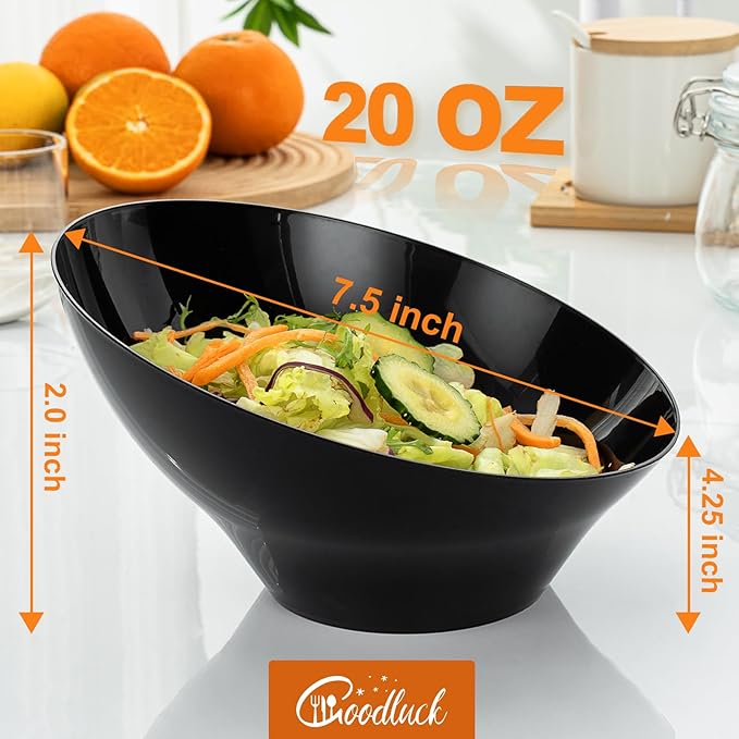Goodluck 5 Pack Black Plastic Serving Bowls for Party - 20 OZ Angled Disposable Serving Bowls for Wedding Party Chip, Candy, Salad & Fruit