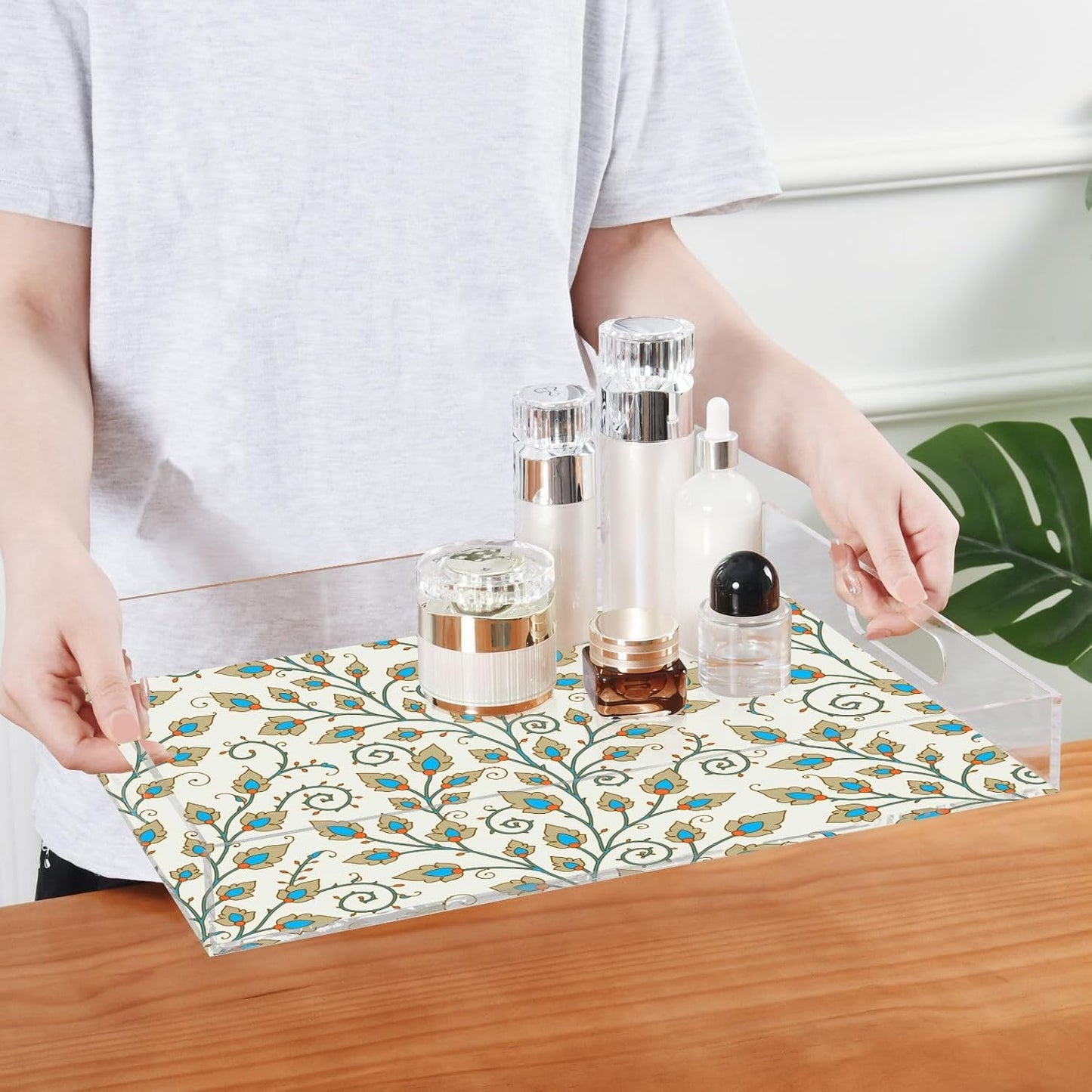 Acrylic Serving Tray with Handles Spill Proof Kitchen Storage Tray Clear Decorative Tray Makeup Drawer Organizer Storage Tray for Bathroom Living Room Ottoman 15.7x11.8Inches