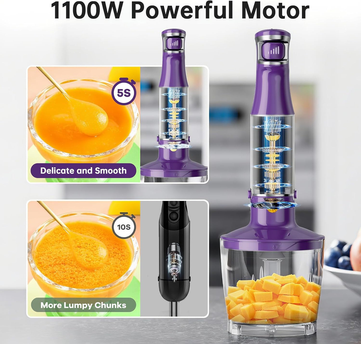 Immersion Blender Handheld Corded Hand Blenders Set 1100W, Trigger Variable Speed 5 in 1 Stick Emulsifier with Chopper, Whisk and Frother for Soup, Baby Food and Smoothies, Purple