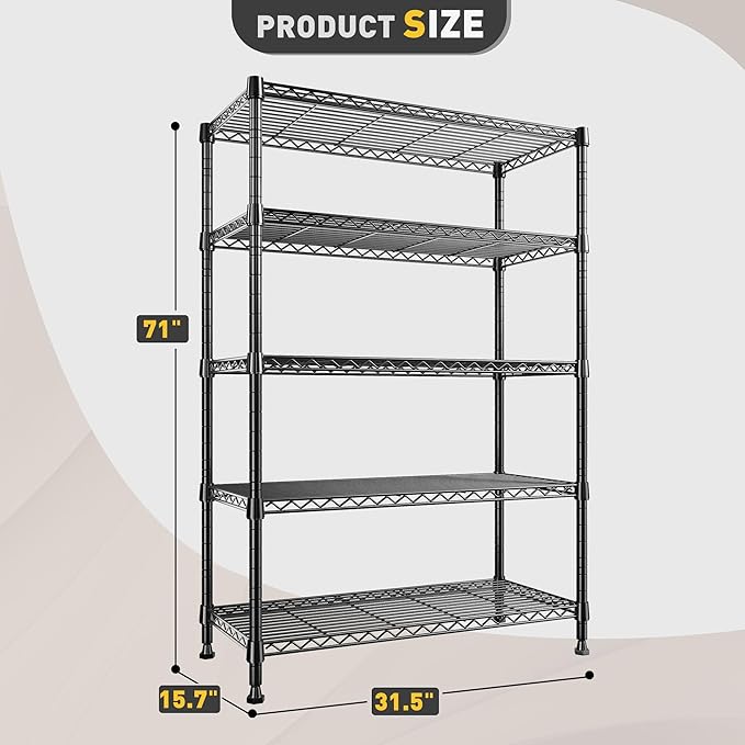 REIBII Storage Shelves, 5-Tire Wire Shelving Load 1000LBS Metal Shelves for Storage Adjustable Garage Shelving Unit Wire Shelf Rack Kitchen Storage Rack Pantry Shelves 31.5''W x 15.7'' D x 71''H