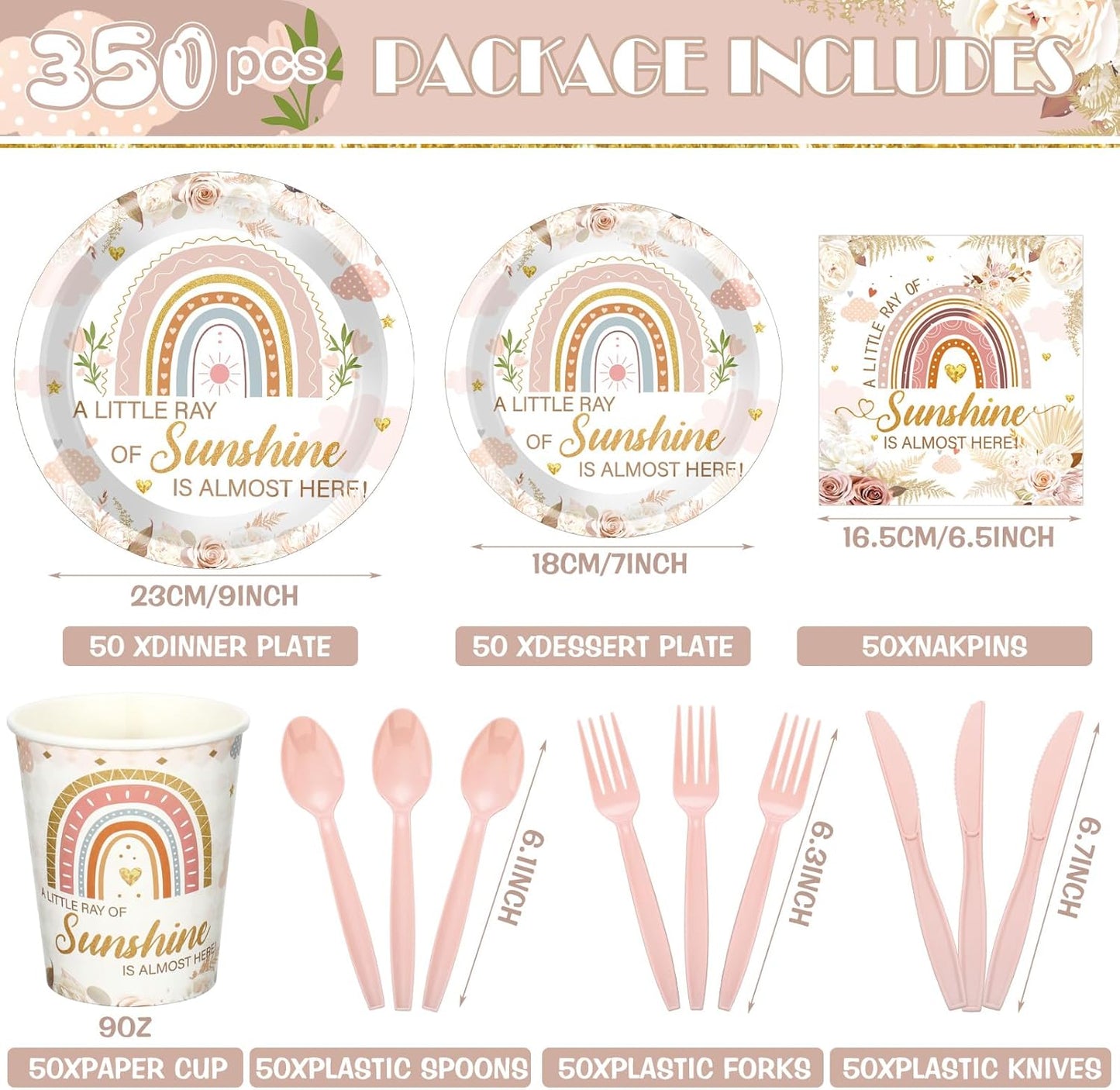 Dandat 350 Pcs Baby Shower Plates Set Baby Shower Party Supplies Serves 50 Tableware Sets Include Plates Napkin Cup Forks Knives Spoons Disposable Dinnerware(Boho Rainbow,Pink)