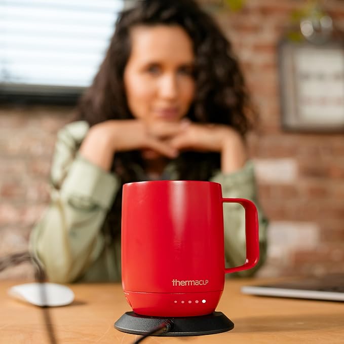 Premium Heated Coffee Mug with 5 Temperature Settings, Industry-Leading Smart Electric Cup, Up to 8-Hour Battery, 12oz with Lid (14oz Total Capacity), Cherry Red