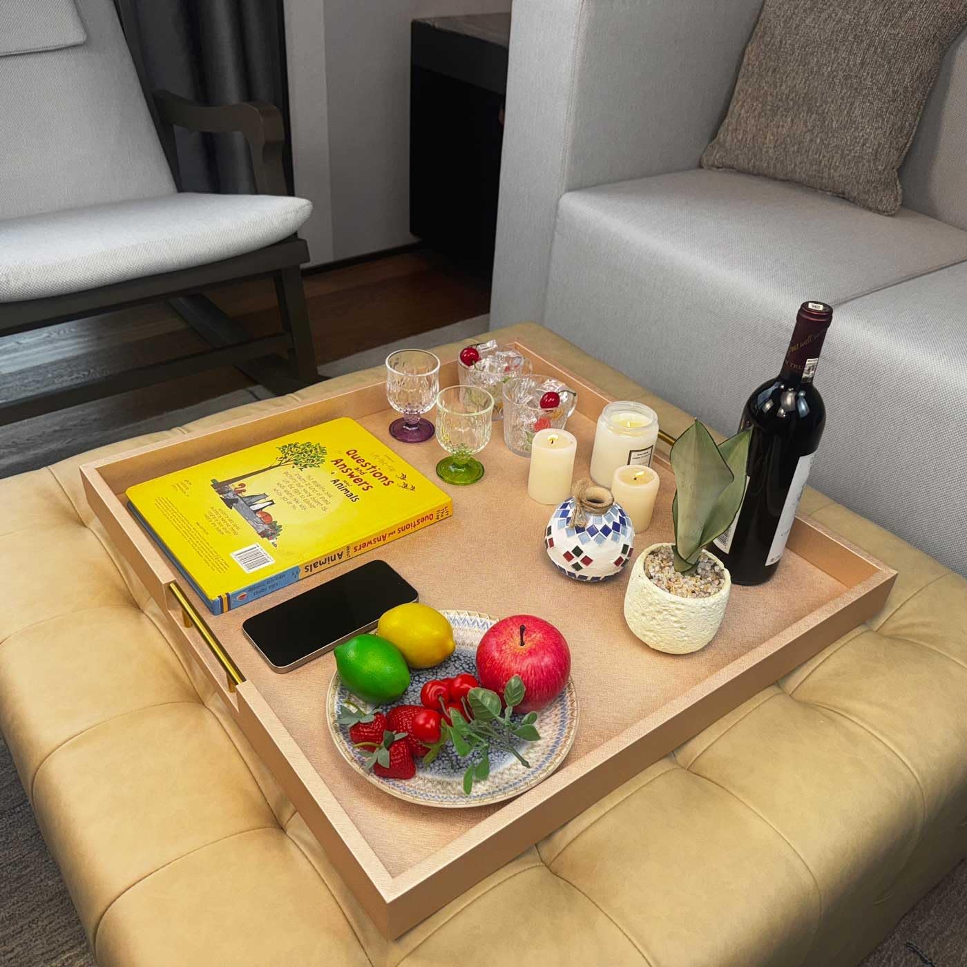 24x24 Inches Extra Large Champagne Faux Leather Wrapped Wood Ottoman Tray with Golden Handles for Serving Food Breakfast On Bed, Square Coffee Table Organizer, Home Decor and Decorative