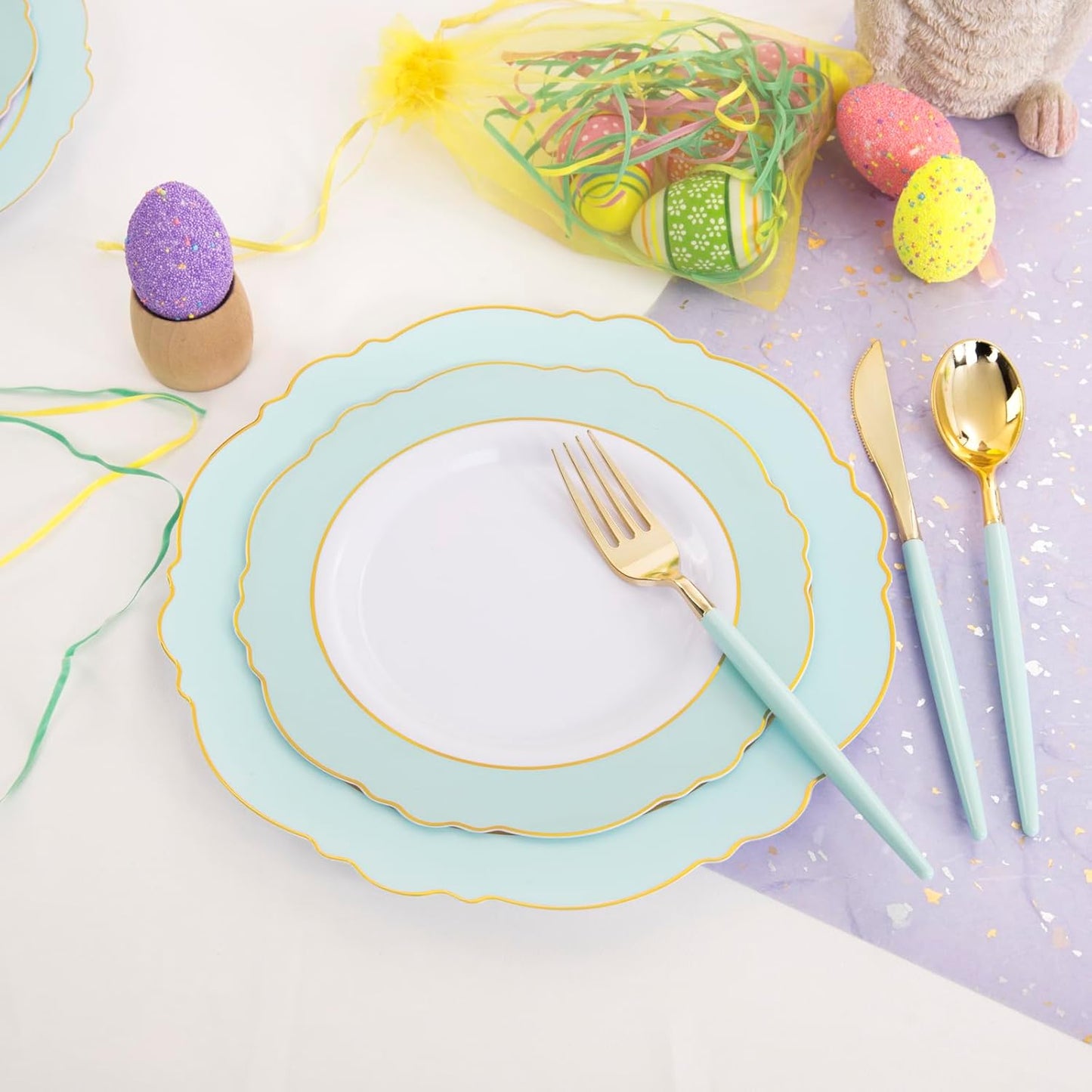 WDF 30Guest Mint Green Plastic Plates & Disposable Gold Silverware With Green Handle-Baroque Green &Gold Plastic Dinnerware for Upscale Party/Picnic/Birthday