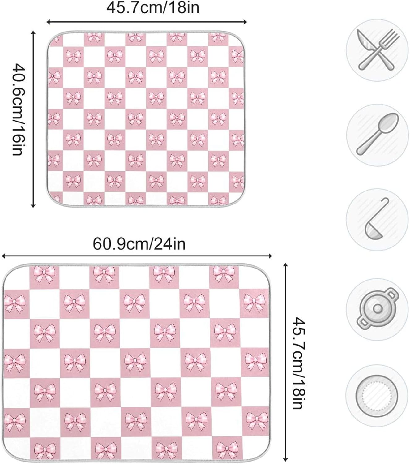 Pink White Bow Checkered Dish Drying Mat for Kitchen Counter Absorbent Dish Drainer Mats Drying Pads 18"x24"