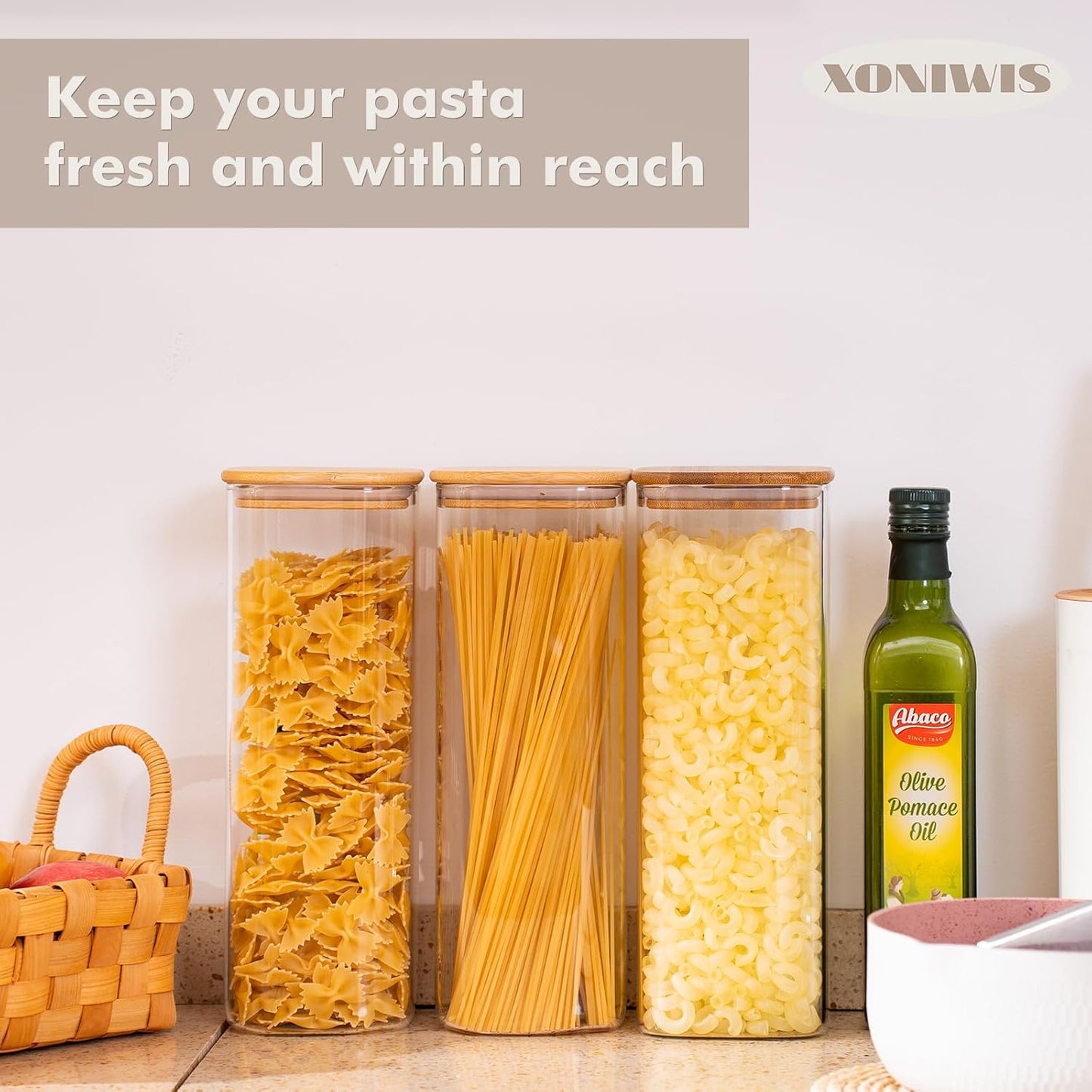 63oz 3PCS Rectangle Glass Storage Containers with Bamboo Lids, Glass Jars with Lids, Clear Food Jar, Square Canister, Pantry Organizers and Storage for Flour, Pasta, Coffee, Tea, Snack, Cookie