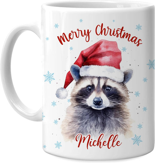 Hyturtle Personalized Gifts Raccoon Lover - Raccoon Wearing Santa Hat Custom Name Ceramic Coffee Mug Cup 11oz - Cute Animal Lovers Gifts For Women, Girl kids Family On Birthday, Christmas