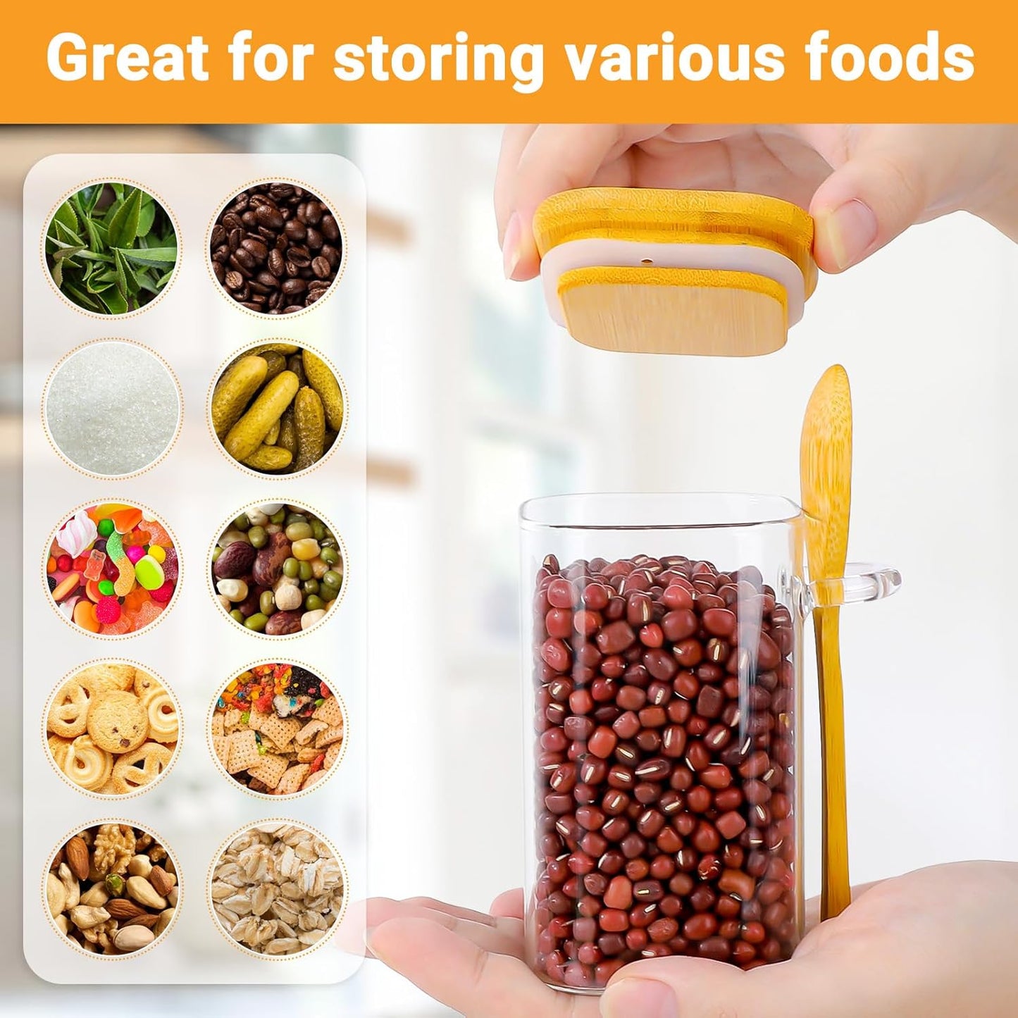 Glass Jars with Bamboo Lids Set of 4, 8 Fl.oz Square Glass Spice Jars with Lid and Spoon, Small Food Canister Stackable Pantry Container for Honey Jam, Seasoning, Tea, Coffee and Sugar