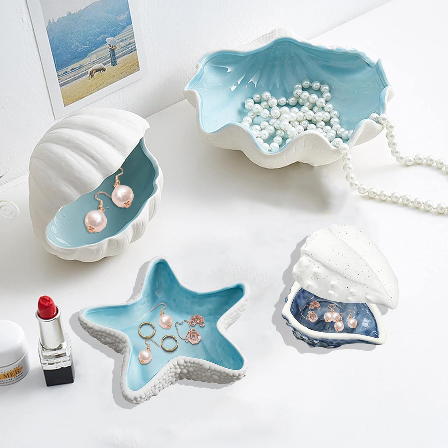 Shell Ring Holder for Jewelry, Ceramic Jewelry Dish, Trinket Tray Candy Dishes, Jewelry Tray Jewelry Plate Small Key Bowl for Entryway Table Birthday Home Party Decor (K STYLE)